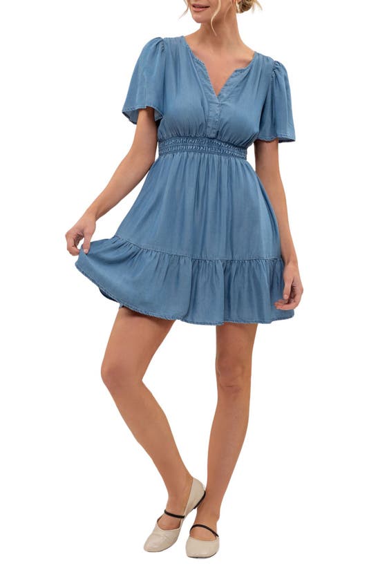 Shop Blu Pepper Chambray Tiered Flutter Sleeve Dress