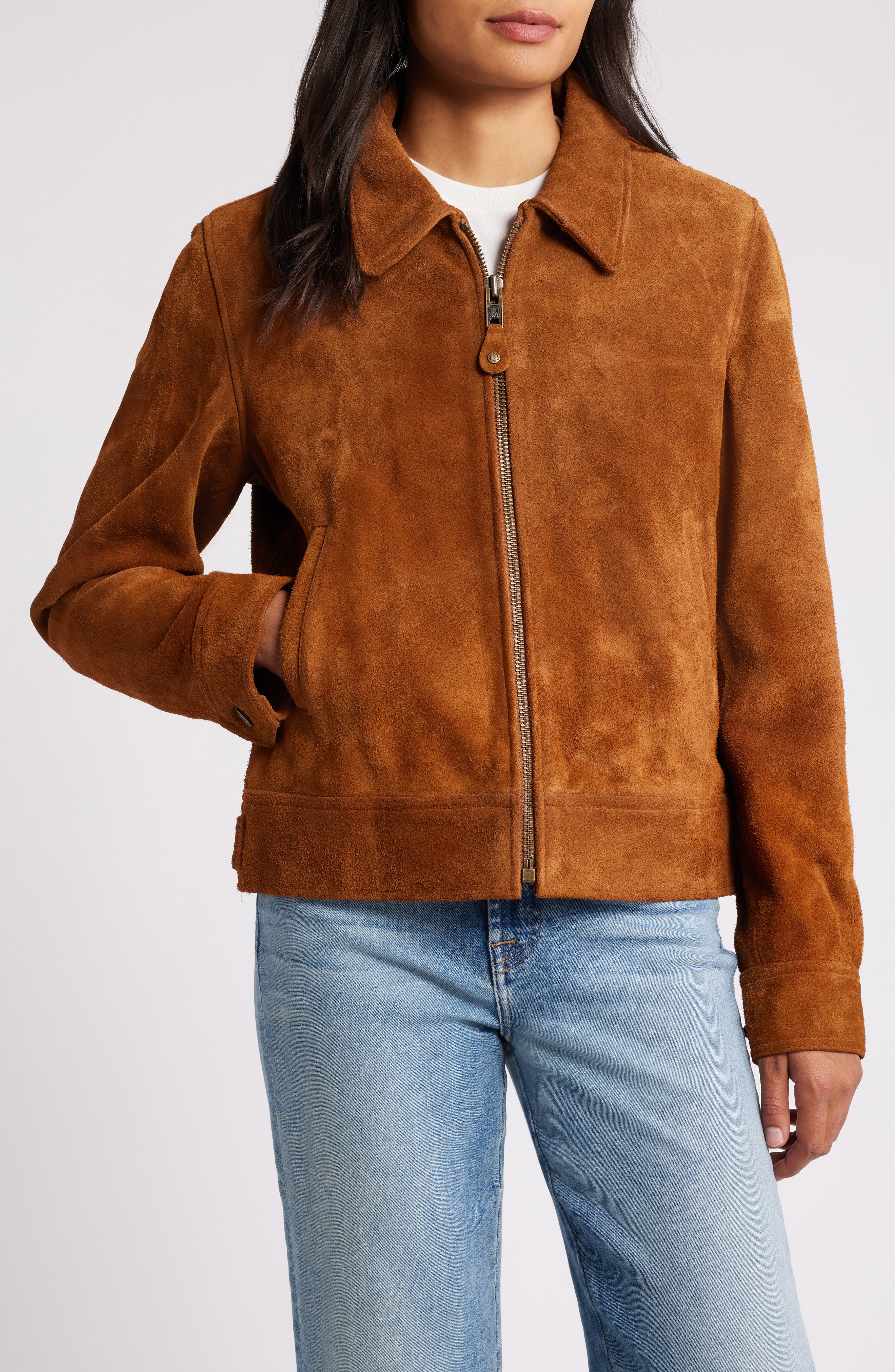 Schott Nyc Roughout Cowhide Suede Trucker Jacket In Saddle