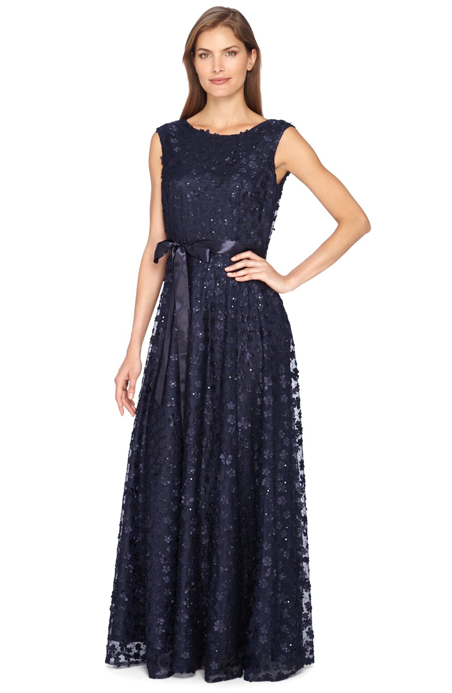 Tahari Belted Appliqué Woven A-Line Gown | Nordstrom