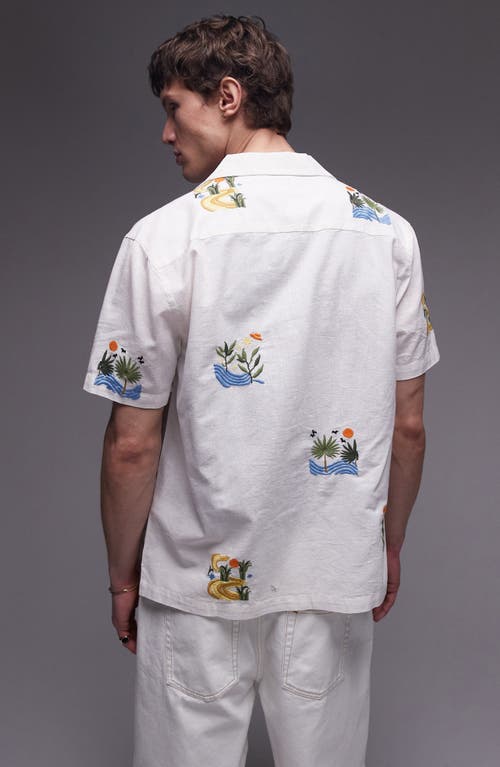 Shop Topman Square Embroidered Cotton & Linen Camp Shirt In Ecru