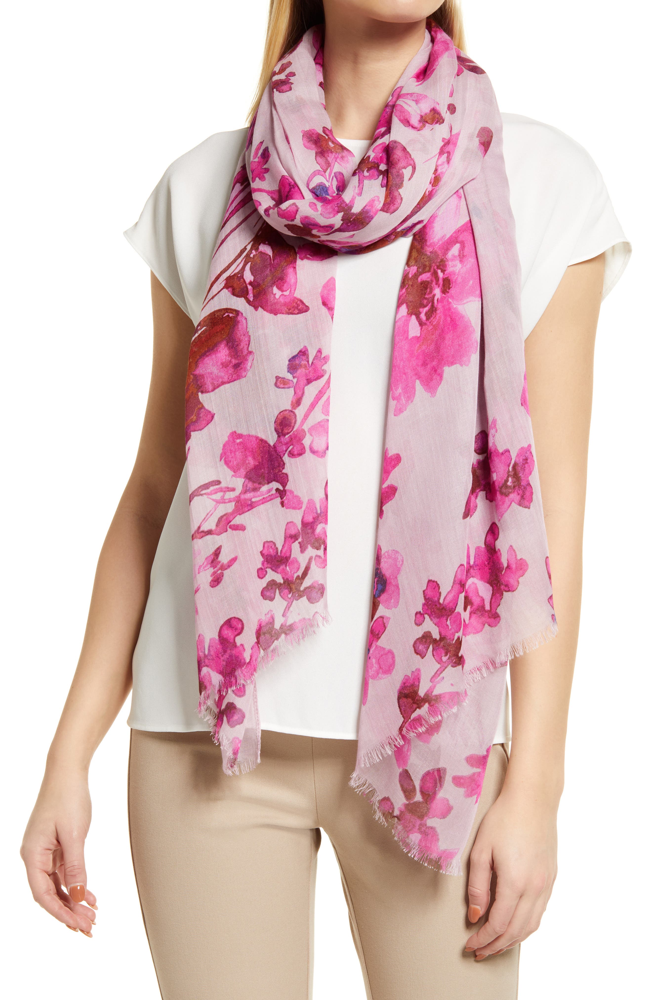 Vintage pink scarf flowered headscarf made of chiffon.