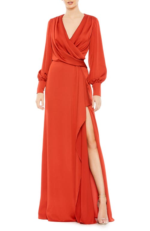 Wrap Front Long Sleeve Satin A-Line Gown in Brick