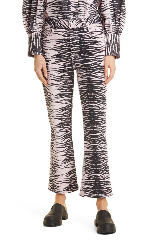 Shop Ganni Betzy Tiger Stripe Kick Flare Stretch Organic Cotton Jeans In Tiger Stripe Light Lilac