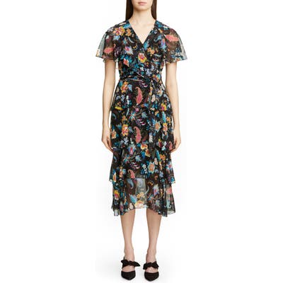 Etro Fern & Floral Print Ruffle Wrap Dress, US / 40 IT - Black