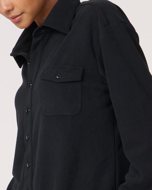 Shop Rebody Active Retreat Waffle Button Down Shirt In Black