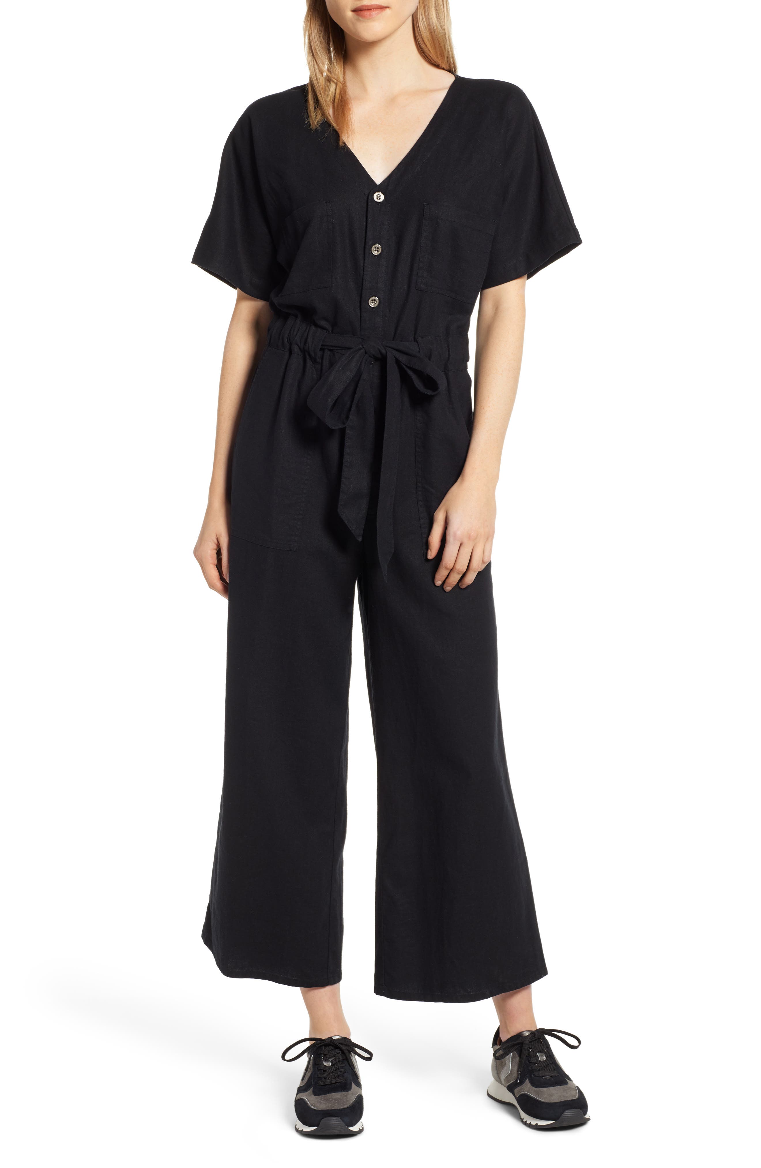 Petite Caslon Linen Blend Jumpsuit, Black