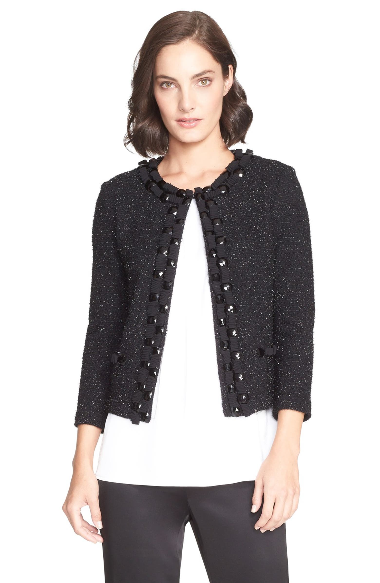 St. John Collection Sparkle Eyelash Knit Jacket with Ribbon & Bead Trim ...