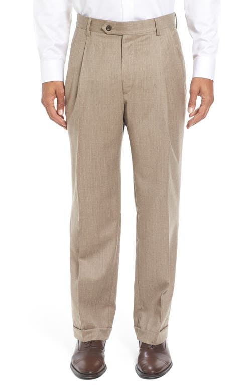 Berle Lightweight Flannel Pleated Classic Fit Dress Trousers in Heather Tan