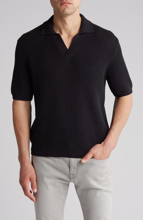 Open Knit Cotton & Silk Polo Sweater in Noir