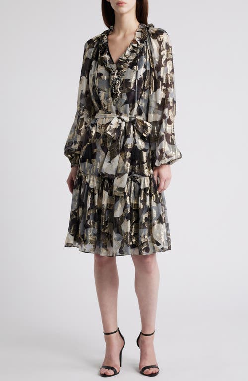 Kobi Halperin Jenson Metallic Ruffle Long Sleeve Silk Dress In Graphite