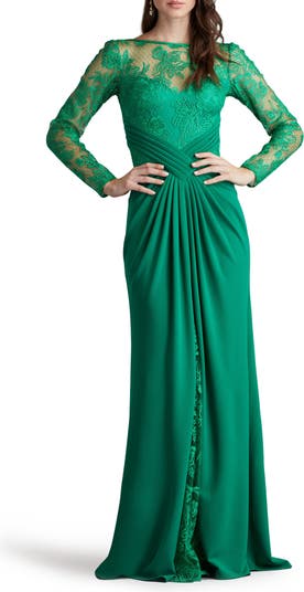 Tadashi Shoji Floral Embroidery Long Sleeve Mixed Media Gown