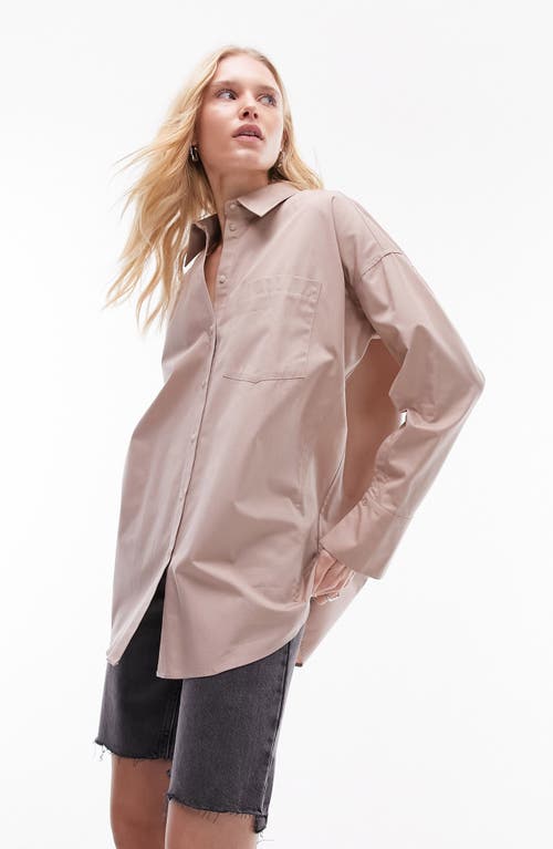 Topshop Oversize Poplin Button-Up Shirt Taupe at Nordstrom, Us