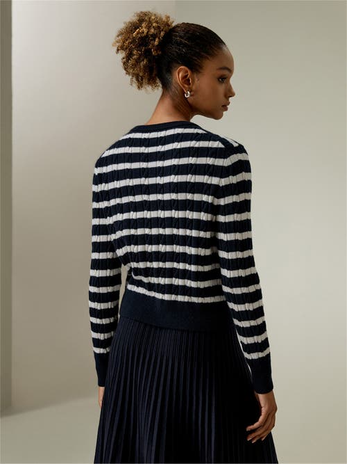 Shop Lilysilk Striped Cable-knit Cashmere Cardigan In Blue And White Stripes