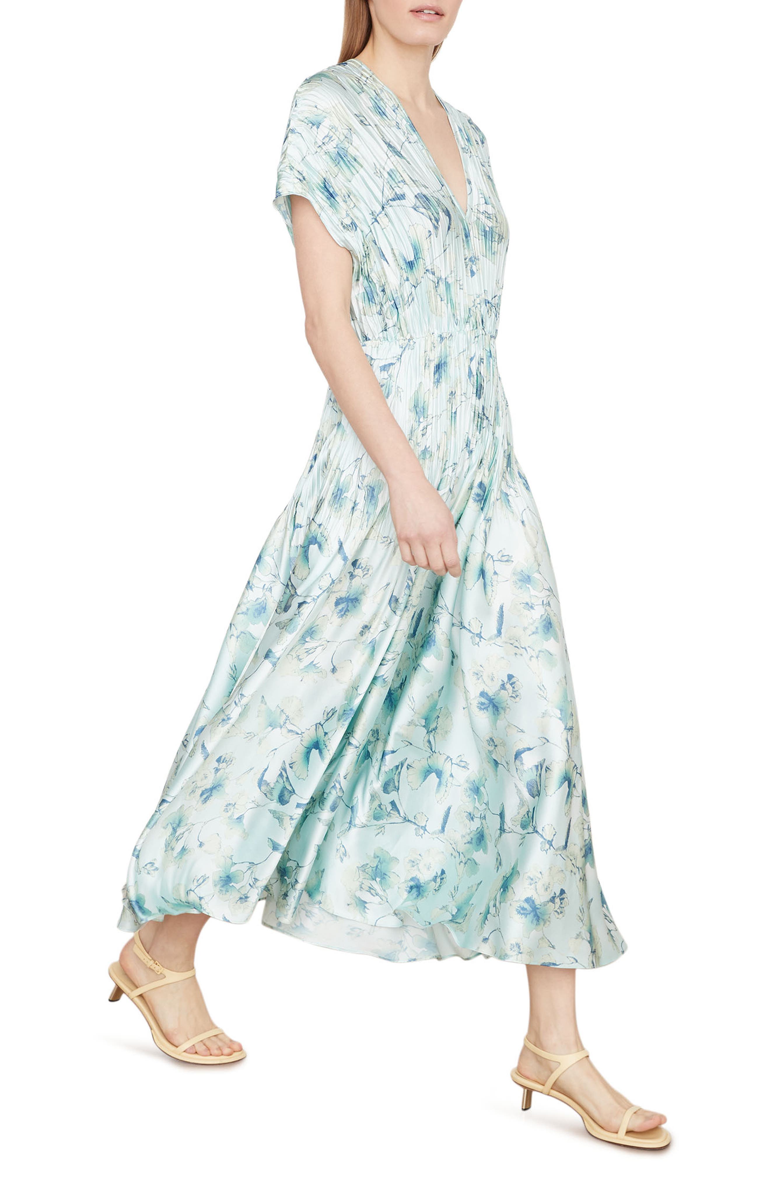 Vince Floral Crushed Satin Dress In Pale Lagoon | ModeSens