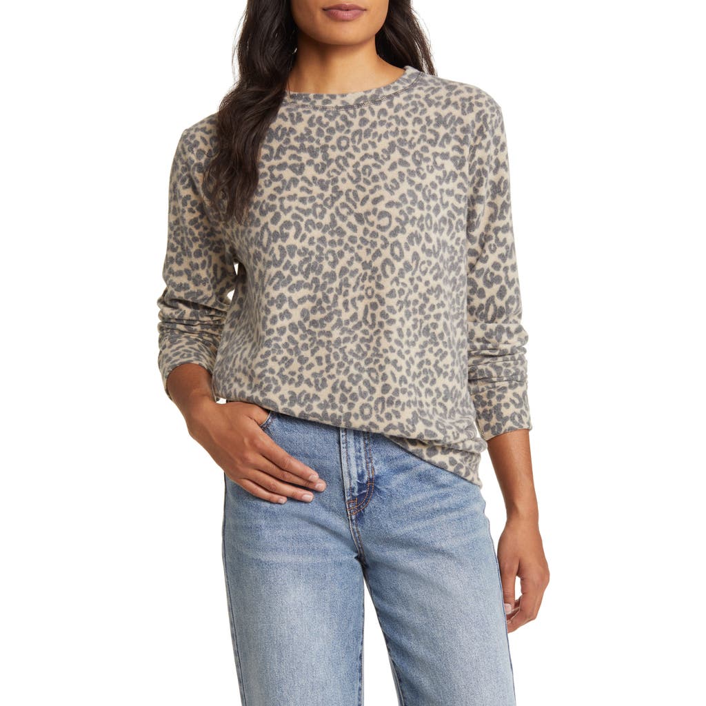 Loveappella Brushed Leopard Print Long Sleeve Crewneck Top In Gray