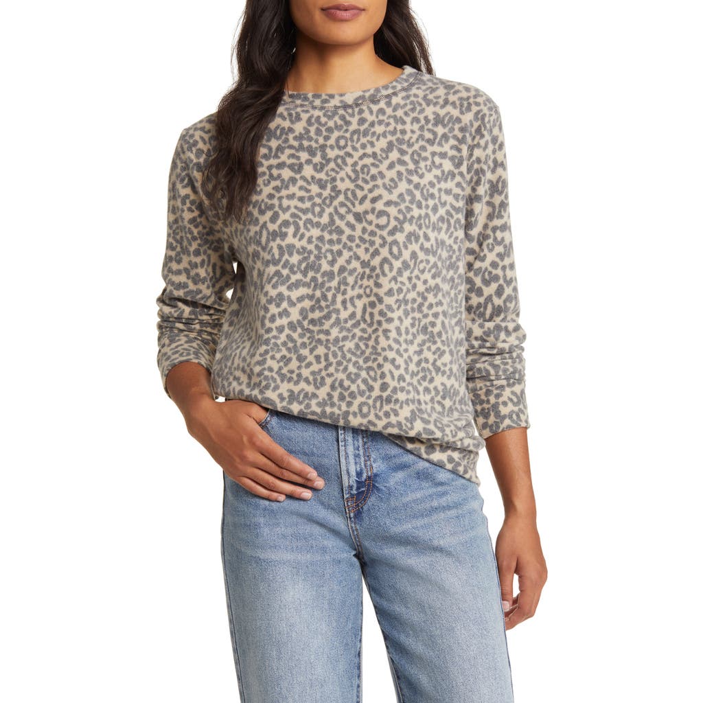 Loveappella Brushed Leopard Print Long Sleeve Crewneck Top In Camel/black