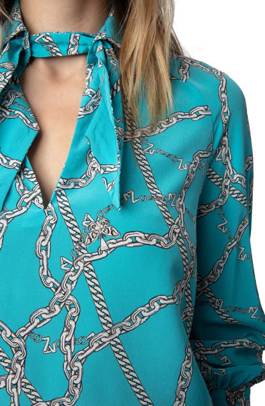 Shop Zadig & Voltaire Tuile Chain Print Balloon Sleeve Silk Top In Aqua