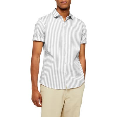 Topman Slim Fit Smart Stripe Short Sleeve Button-Up Shirt, Grey