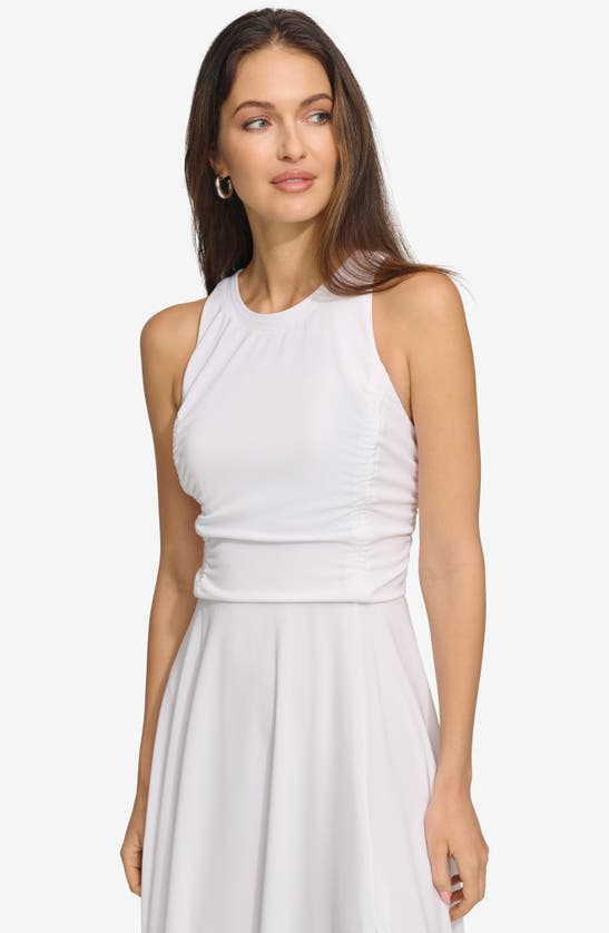 Shop Dkny Ruched Mesh Trim Sleeveless Maxi Dress In White