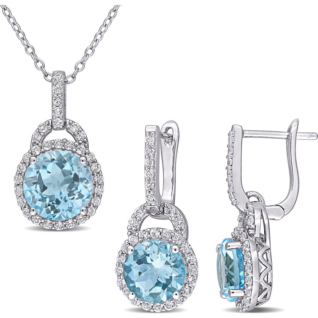 Delmar Blue Topaz & White Topaz Drop Earrings & Necklace Set In Blue