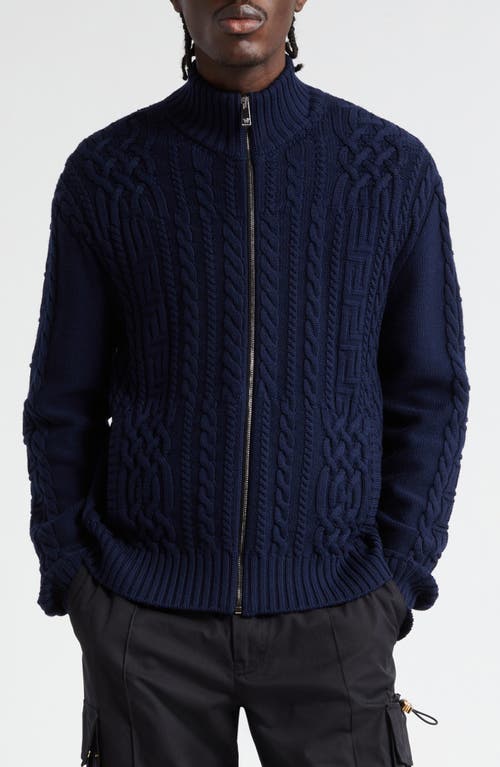 Medusa Cable Knit Zip Cardigan in Navy Blue
