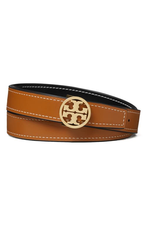 Shop Tory Burch Miller Reversible Leather Belt In Black/whiskey/gold