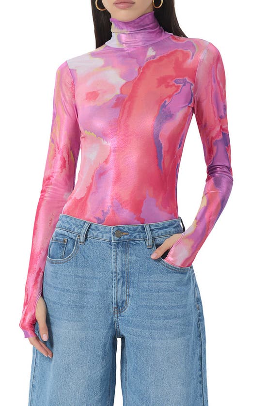 Afrm Zadie Foil Print Turtleneck Top In Painted Orchid