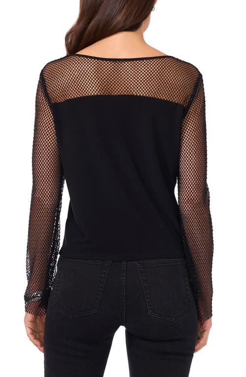 Vince Camuto Rhinestone Fishnet Long Sleeve Top In Rich Black