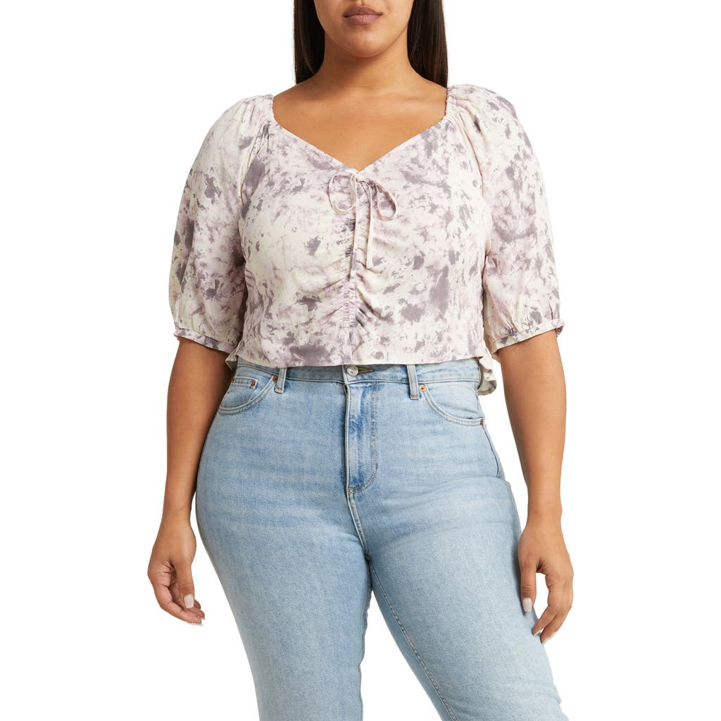 Open Edit Tie Front Puff Sleeve Blouse In Ivory- Grey Q Campy Dye