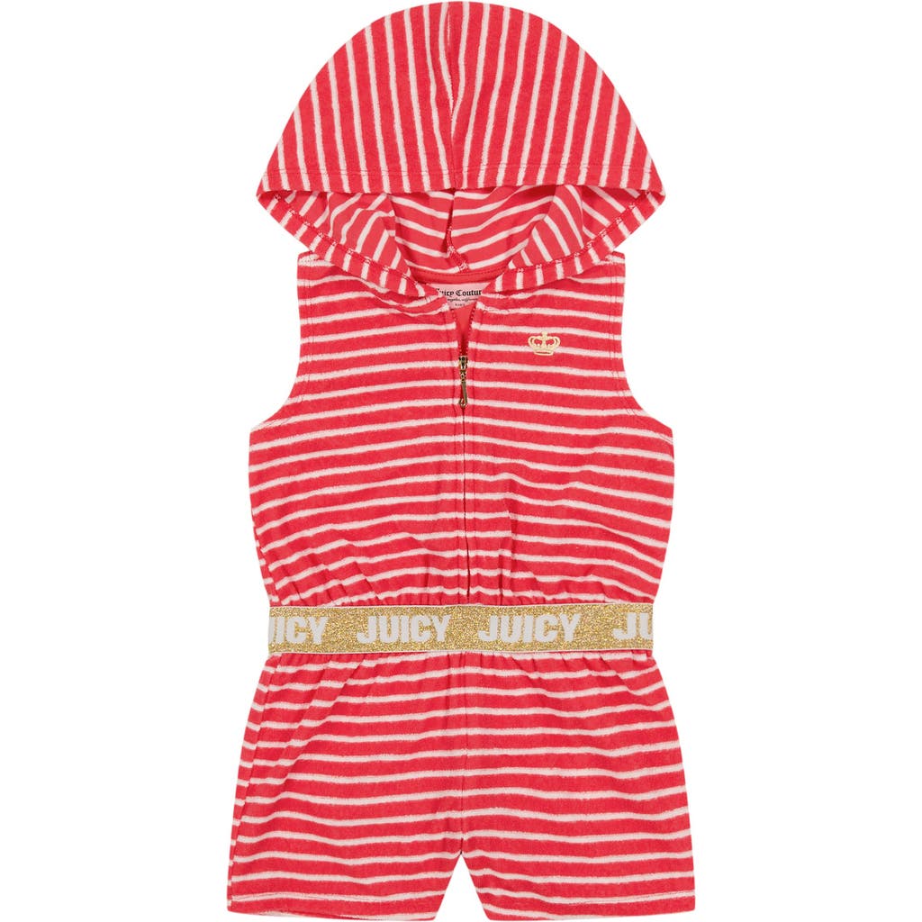 Shop Juicy Couture Kids' Stripe Hooded Romper In Red/white