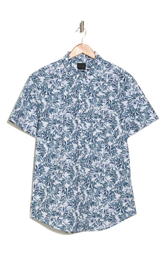 Shop 14th & Union Palms Short Sleeve Stretch Cotton Button-up Shirt In White- Blue Lush Palms