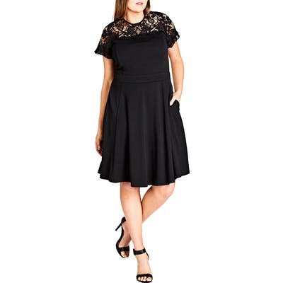 Plus Size City Chic Dark Mistress Lace Yoke A-Line Dress, Black