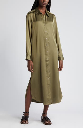 Nordstrom Long Sleeve Satin Midi Shirtdress In Olive Burnt