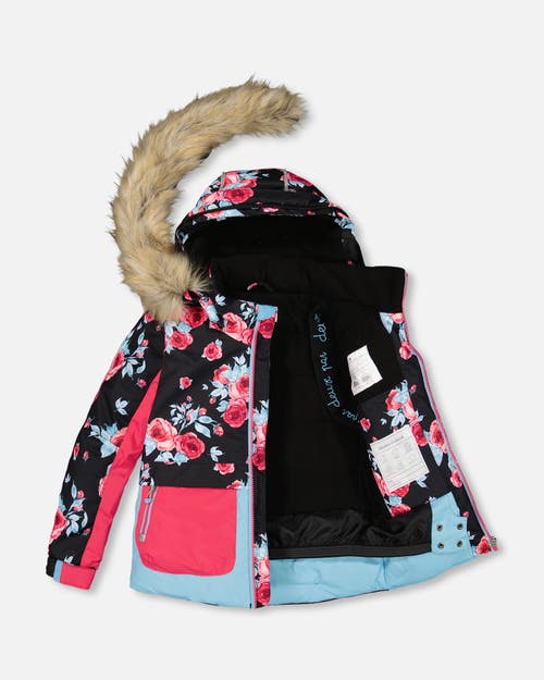 Shop Deux Par Deux Girl's Two Piece Snowsuit Printed Roses With Solid Pant Black In Anthracite