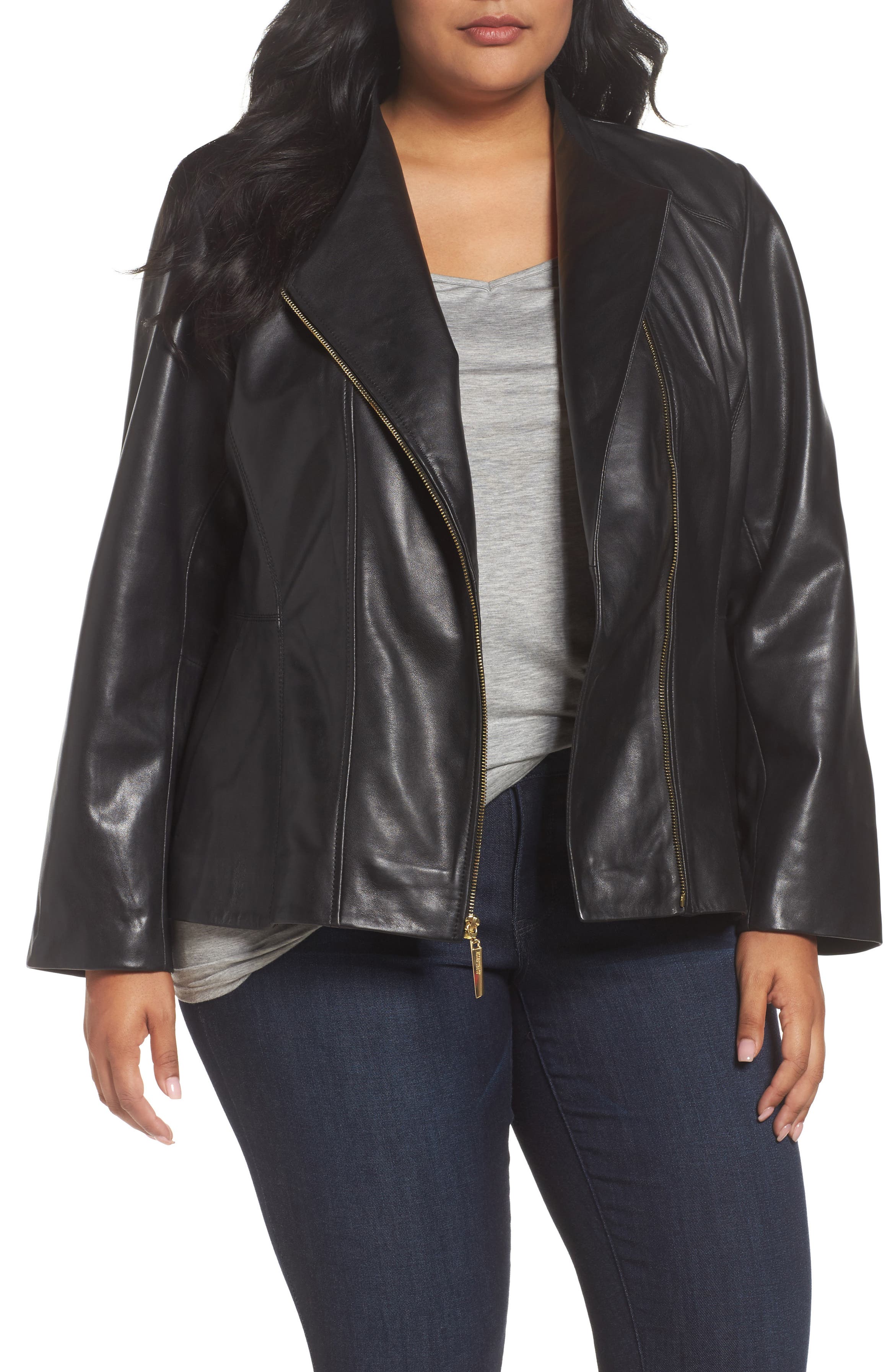 Ellen Tracy Asymmetrical Zip Leather Jacket (Plus Size) | Nordstrom