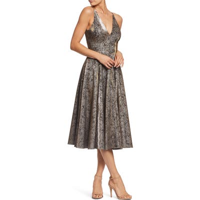 Dress The Population Delilah Plunging Jacquard Fit & Flare Midi Dress, Black (Nordstrom Exclusive)