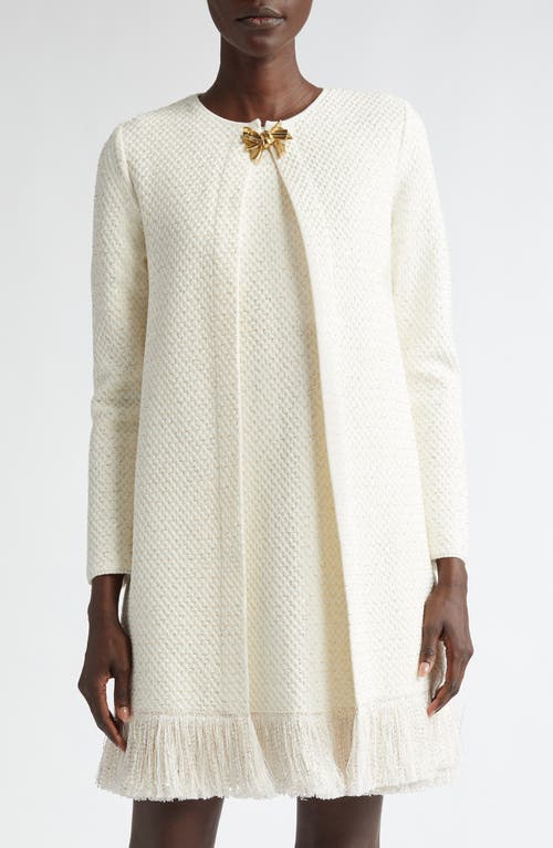 Oscar De La Renta Bow Button Sequin Tweed Coat In Ivory/gold
