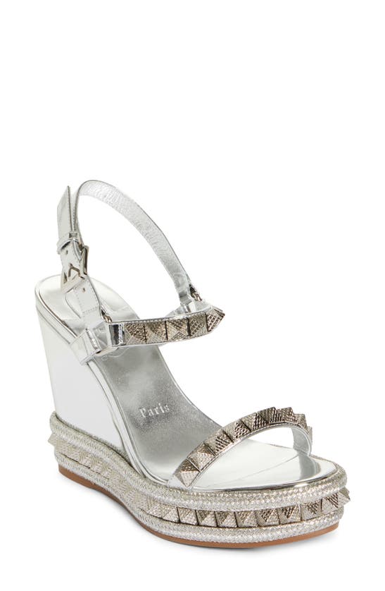 Christian Louboutin Pyraclou Metallic Spike Wedge Sandals In Silver ...