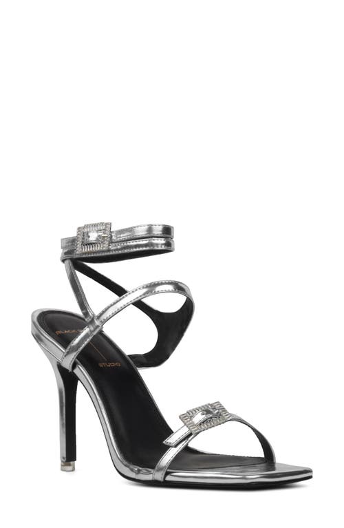 BLACK SUEDE STUDIO Venice Ankle Strap Sandal in Silver Mirror Metallic Leather