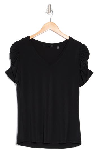 T Tahari Ruched Sleeve V-neck T-shirt In Black