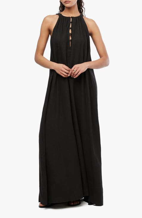 Sleeveless Maxi Dress with Open Back Tie A-Line Linen Blend Long Sundress