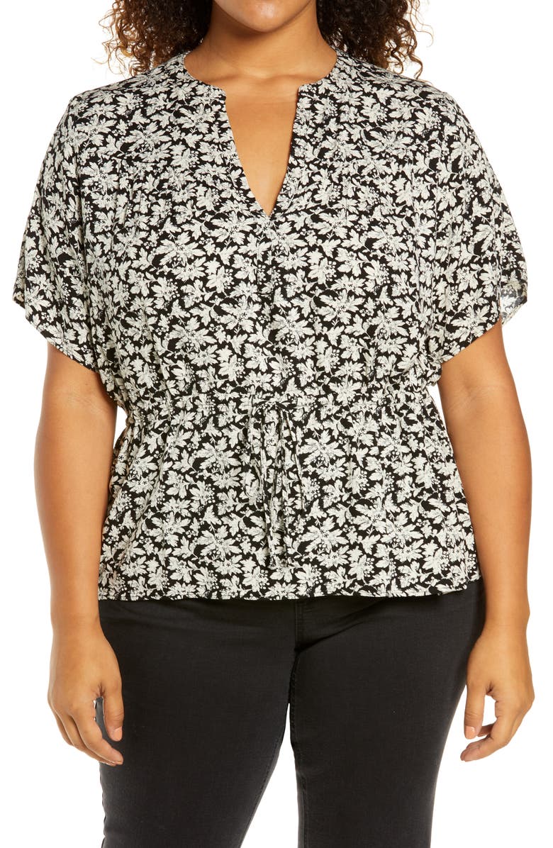 TREASURE & BOND Floral Tie Waist Detail Top, Main, color, BLACK- IVORY VINTAGE FLORAL