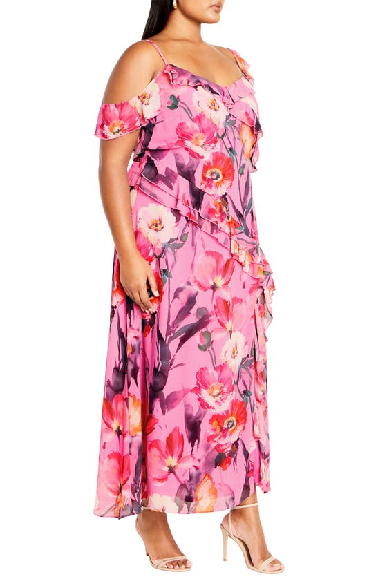 Shop City Chic Love Floral Ruffle Cold Shoulder Maxi Dress In Lovers Lane