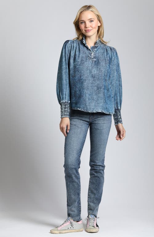 Shop Apny Moon Wash Balloon Sleeve Button-up Shirt In Indigo