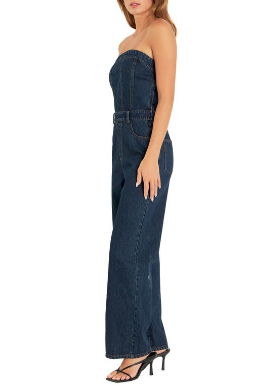 Grey Lab Strapless Corset Denim Jumpsuit In Navy