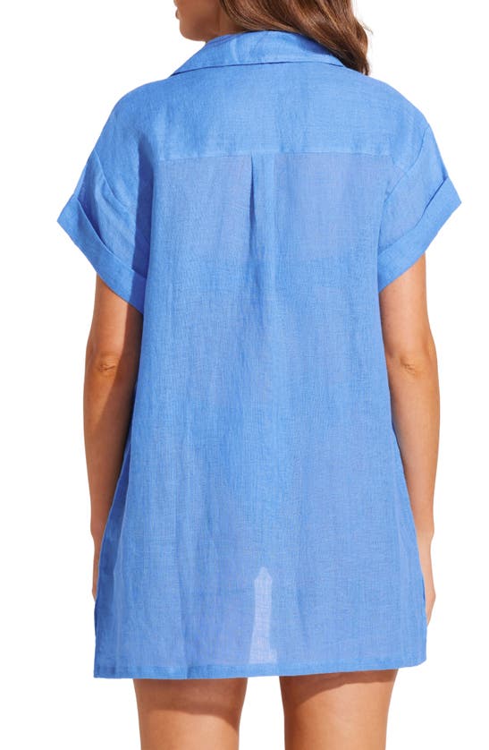 Shop Vitamin A Playa Pocket Linen Cover-up Button-up Shirt In Dream Blue Eco Linen