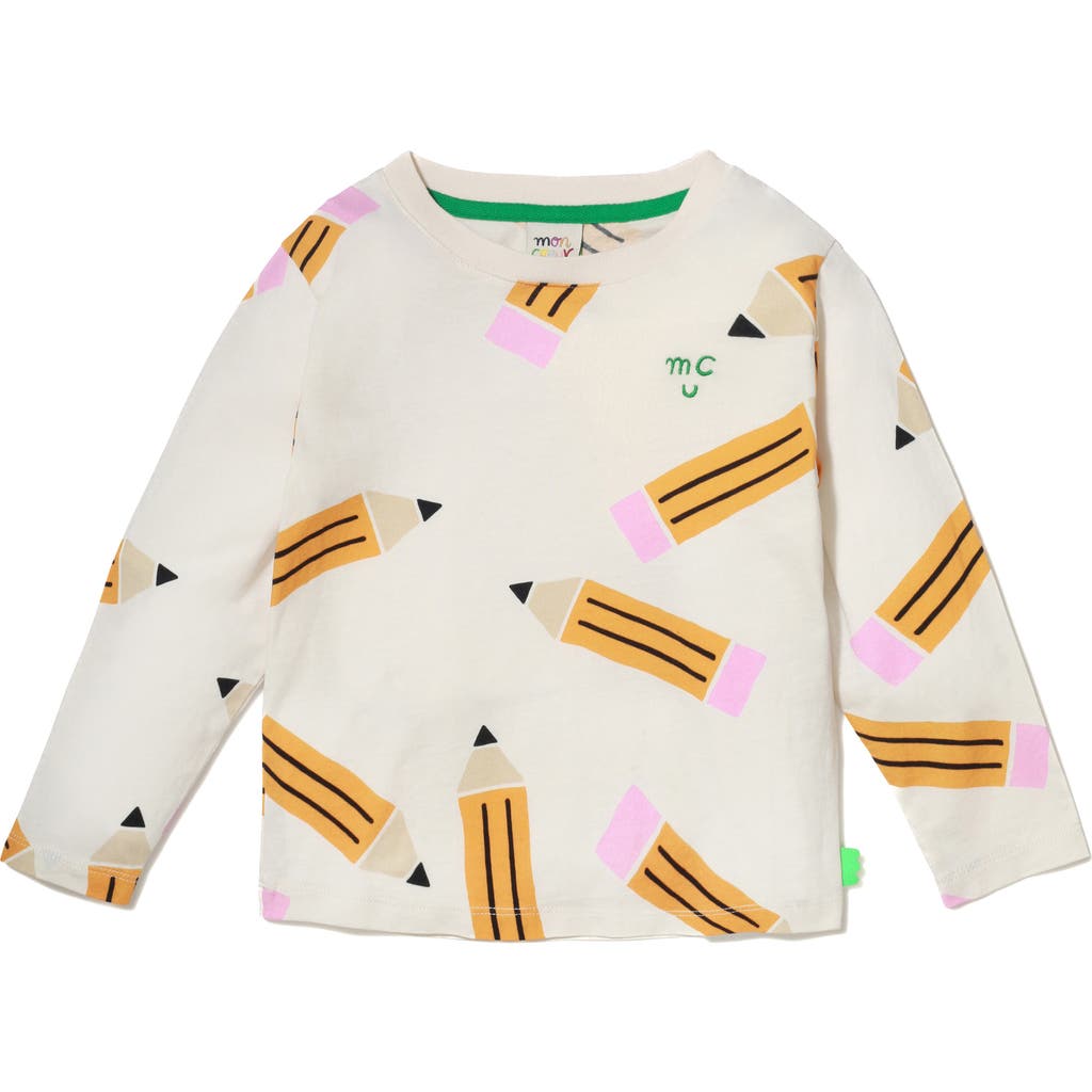 Mon Coeur Kids' Pencil Print Long Sleeve Recycled Cotton Blend T-shirt In Natural