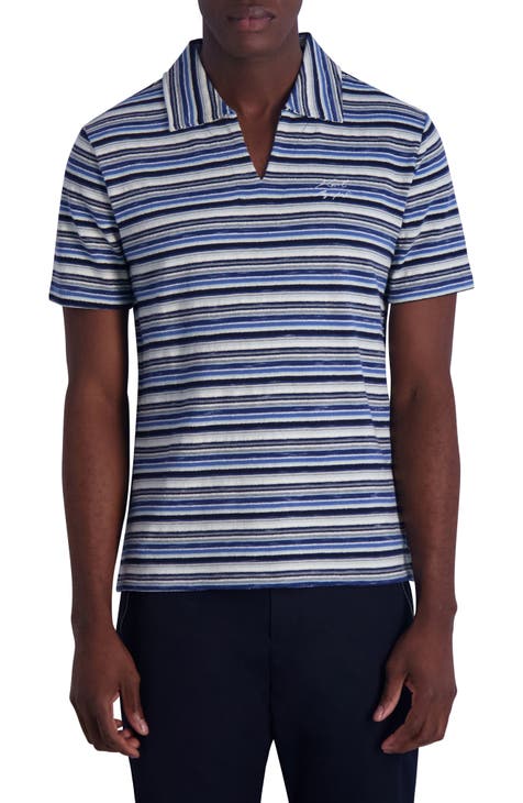 Textured Stripe Johnny Collar Velour Polo