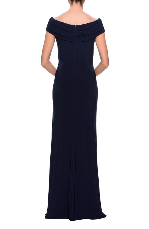 Shop La Femme Off The Shoulder Jersey Dress With Ruching In Navy