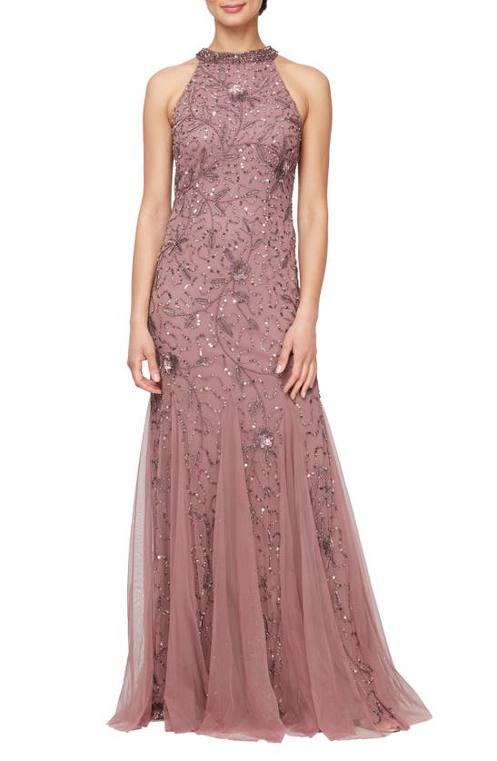 Shop Alex Evenings Beaded Halter Neck Gown In Cafe